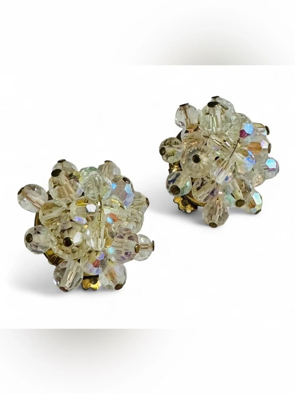 Vintage 1950s Aurora Borealis Clear Bead Cluster Clip On Earrings Gold Tone MCM